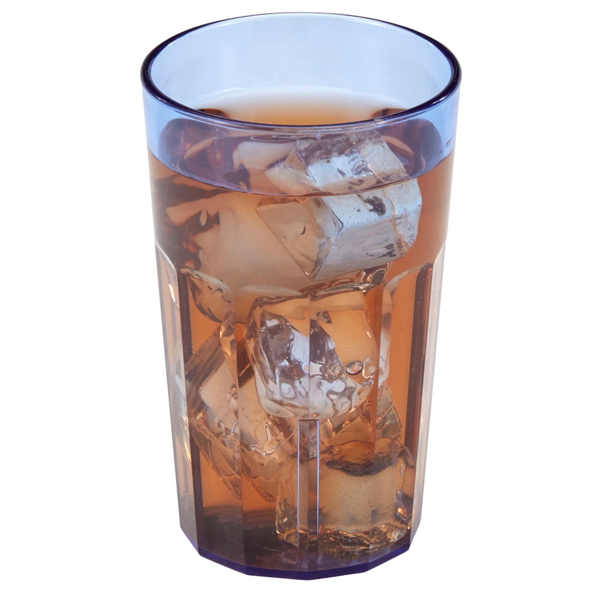 Cambro Newport slate blue plastic tumbler filled with iced tea and ice cubes, showing interior clarity and stacking lug