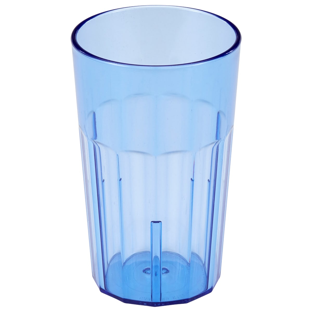 Cambro Newport 14 oz slate blue fluted plastic tumbler on white background, showing fluted body and stacking lug