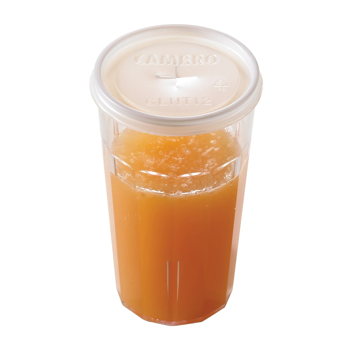 Cambro Newport tumbler filled with iced orange juice and fitted with a Cambro lid