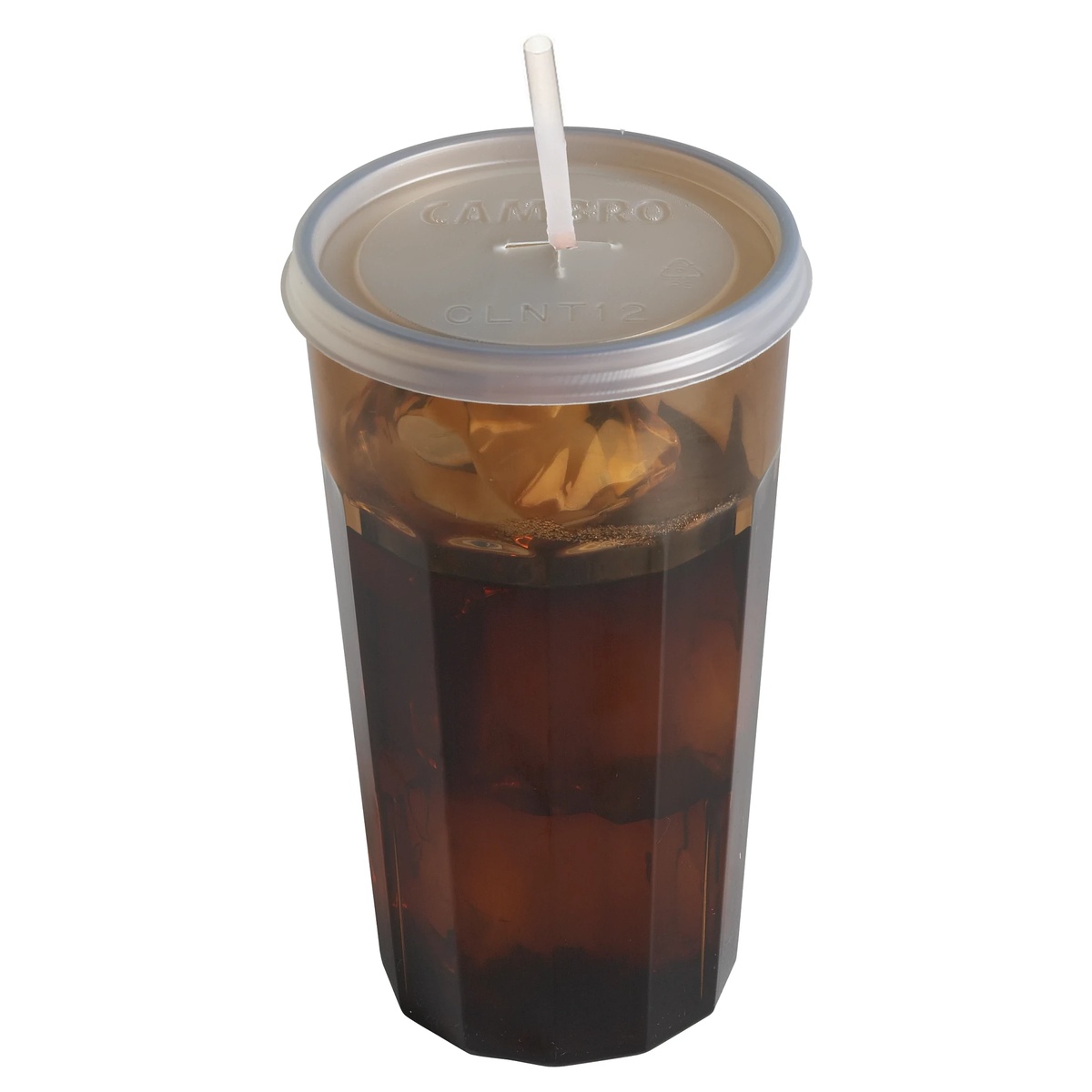 Cambro Newport tumbler filled with iced cola, fitted with a Cambro lid and straw