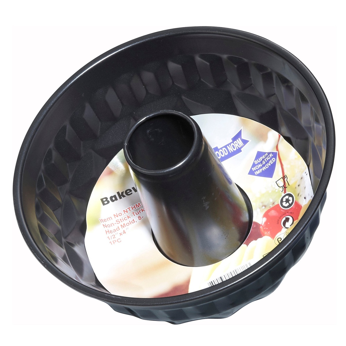 Winco NTHM-8 black non-stick carbon steel Turk head mold with fluted prism pattern and hollow center tube, 8-1/2 inch diameter