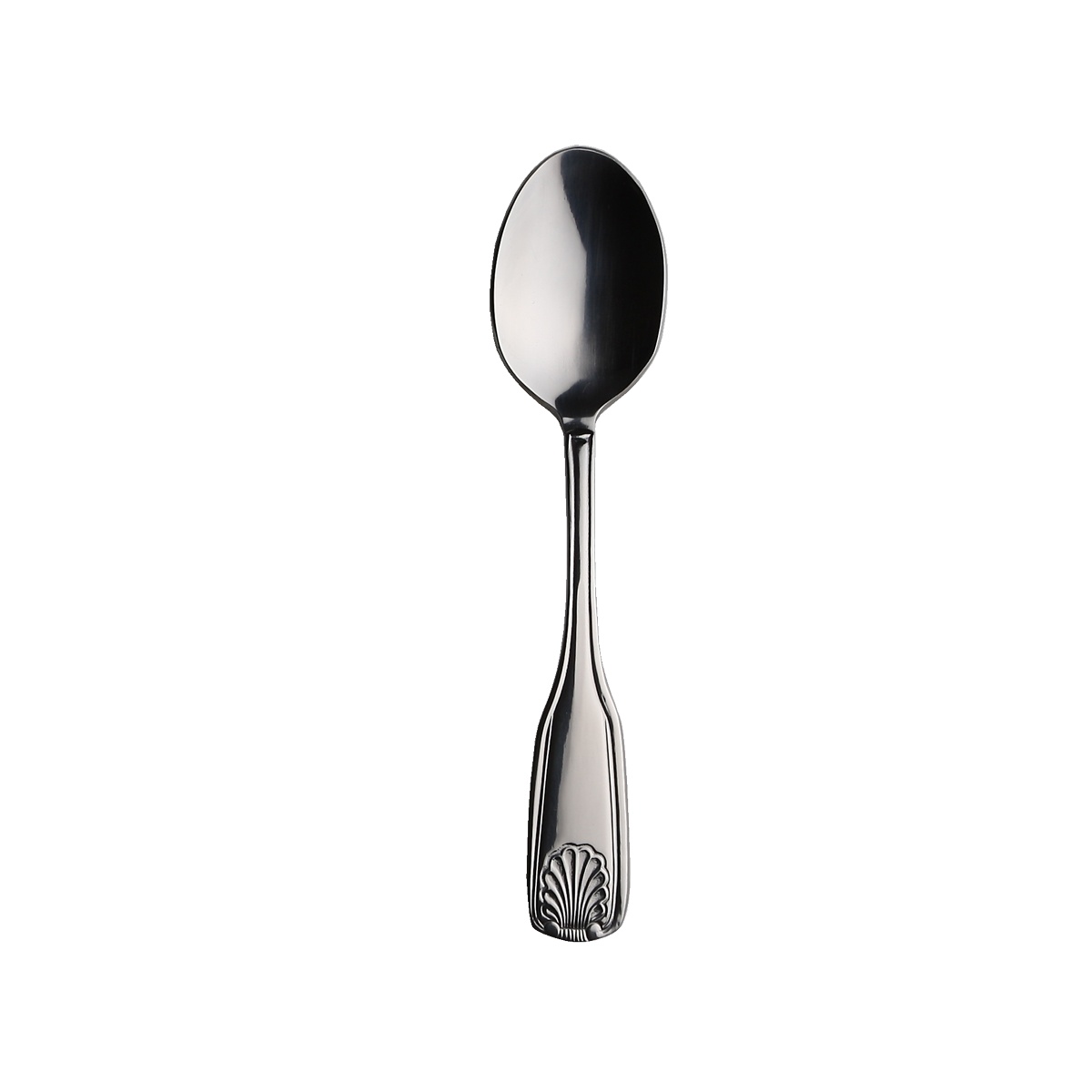 Libertyware Oceans teaspoon with decorative shell motif on handle, mirror polished stainless steel