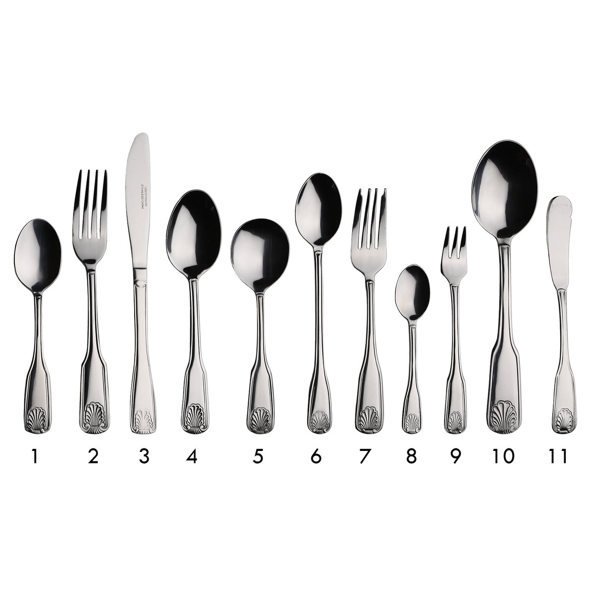 Full Libertyware Oceans flatware collection displayed on white background showing teaspoons, forks, knives, and serving spoons with matching shell-embossed handles
