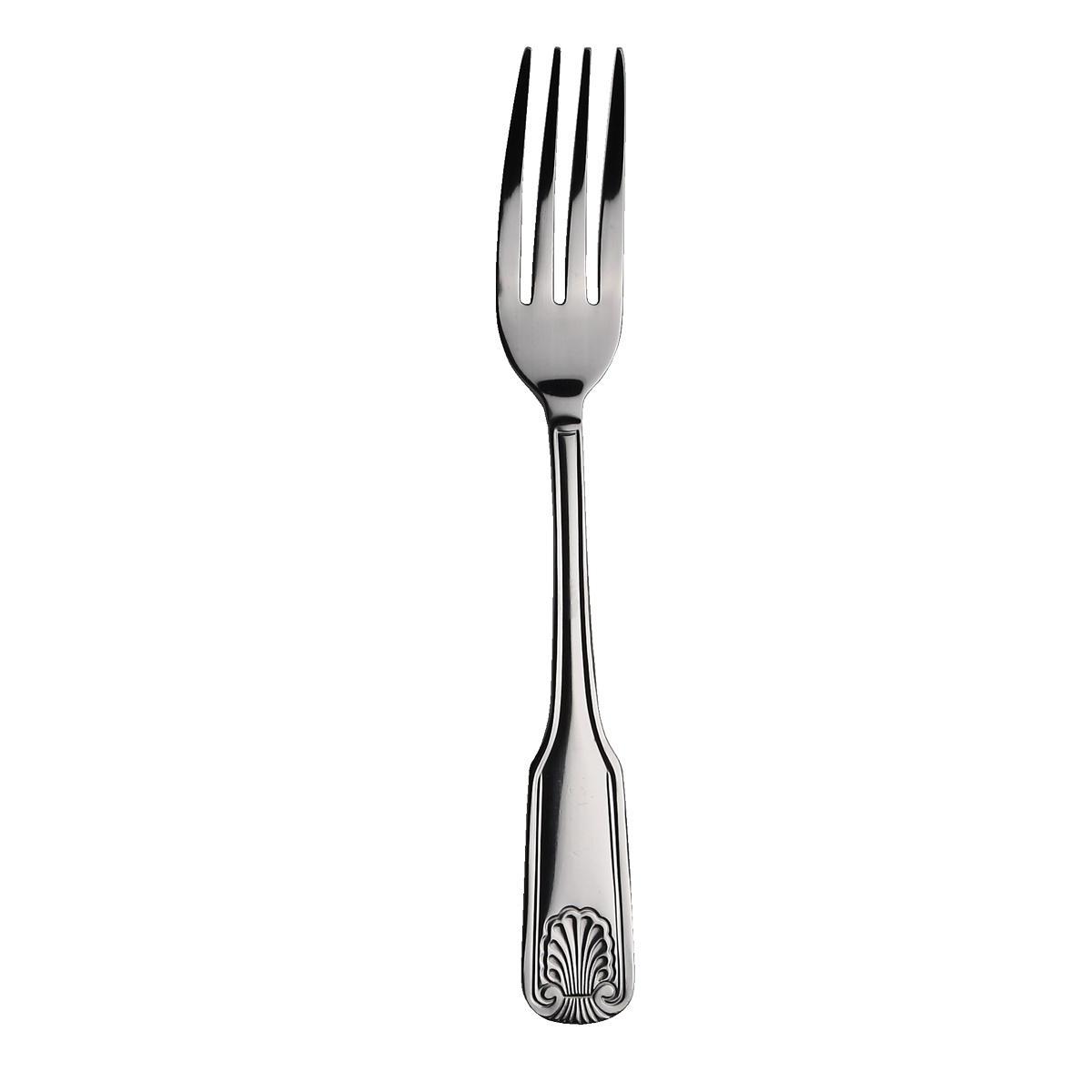 Libertyware Oceans dinner fork with shell motif handle and mirror polish finish