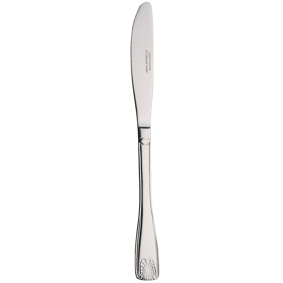 Libertyware Oceans Dinner Knife with shell-motif handle and mirror-polished blade on white background