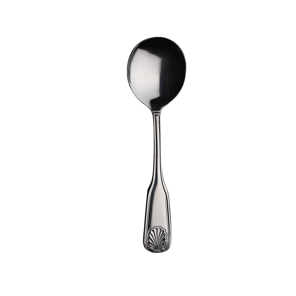 Libertyware Oceans OCN5 bouillon spoon with mirror polish finish and embossed shell handle detail