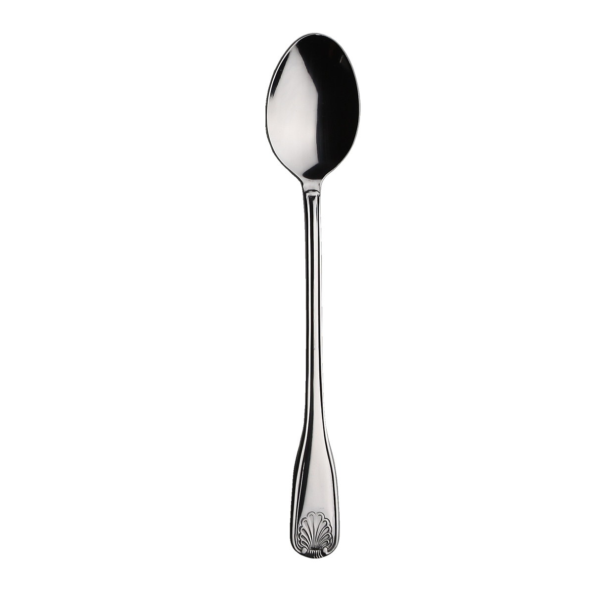 Libertyware OCN6 Oceans Iced Tea Spoon with shell motif handle, mirror polished stainless steel