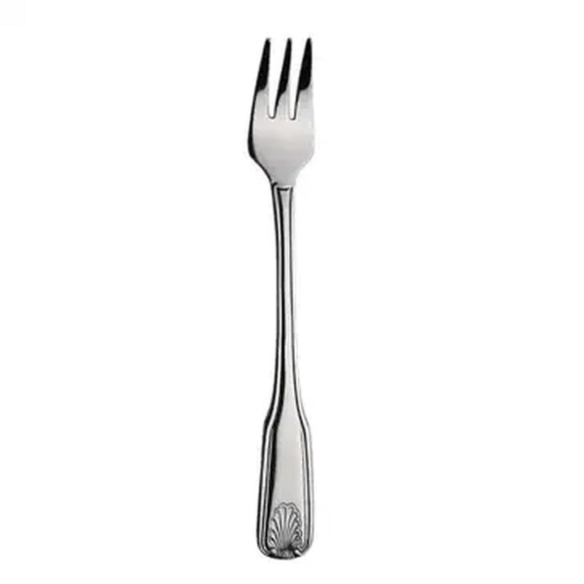 Libertyware OCN9 Oceans cocktail oyster fork in stainless steel with shell motif handle detail