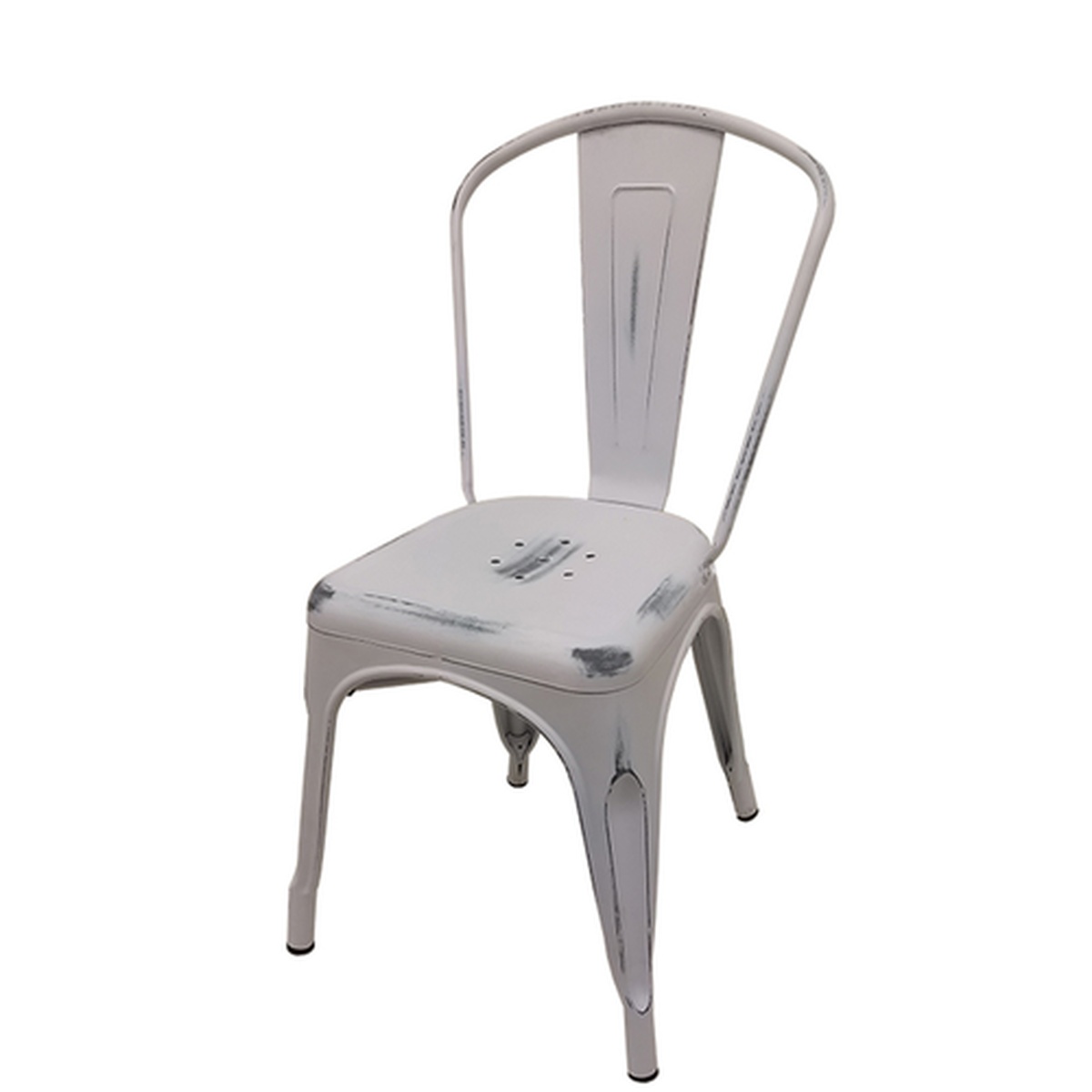 Oak Street Smokestack Stacking Dining Chair in distressed white finish, metal back and seat
