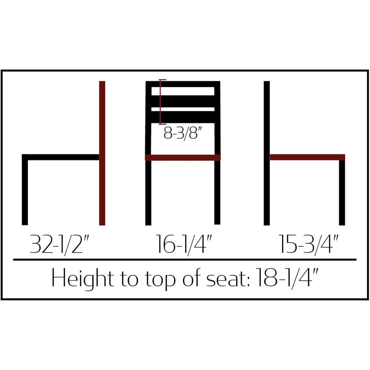 OD-CM-6079 Boardwalk Outdoor Chair dimension diagram showing height 32-1/2 inches, width 16-1/4 inches, depth 15-3/4 inches, and seat height 18-1/4 inches