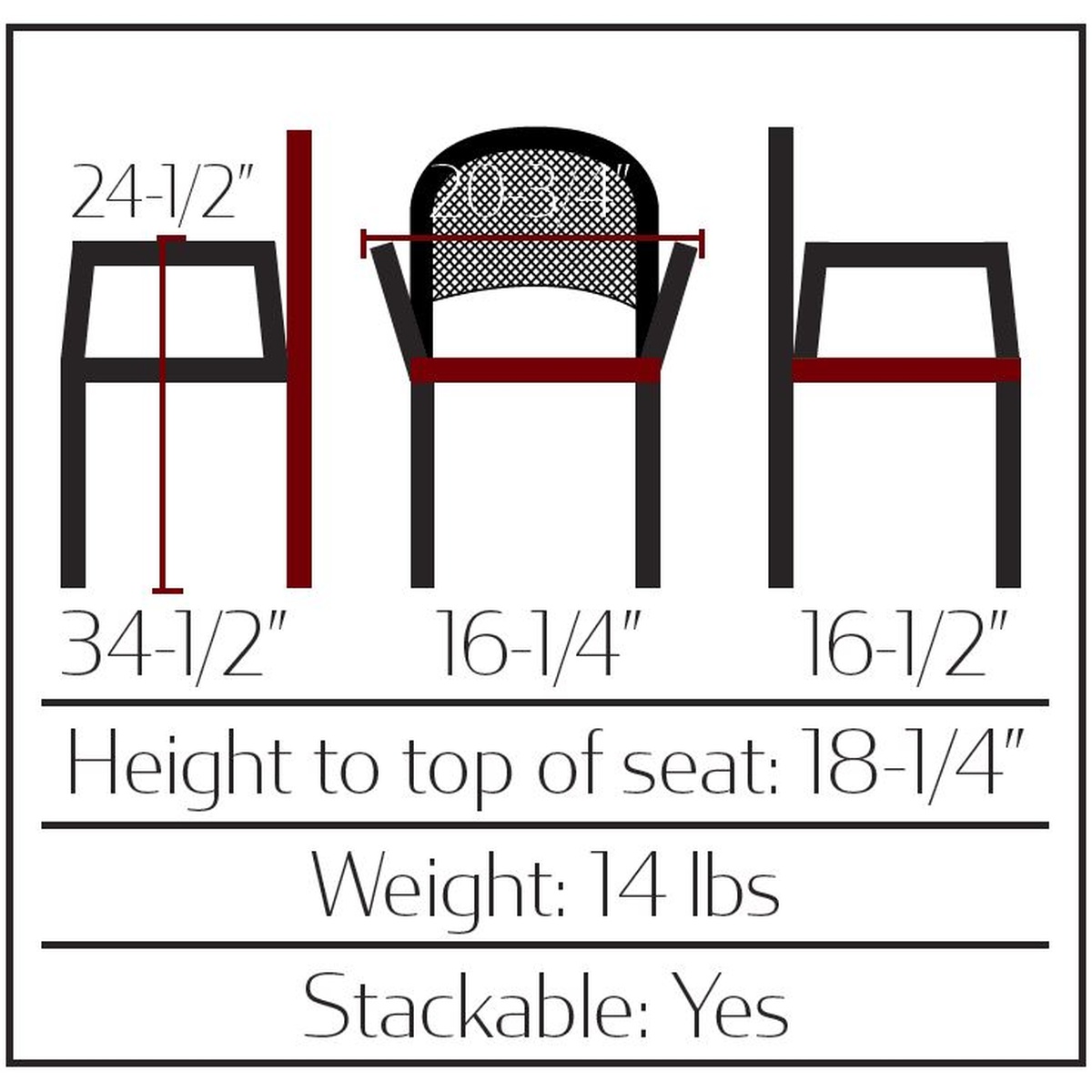 OD105-CHAIR Diamondback Outdoor Armchair dimensions diagram showing height, width, depth, and seat height measurements