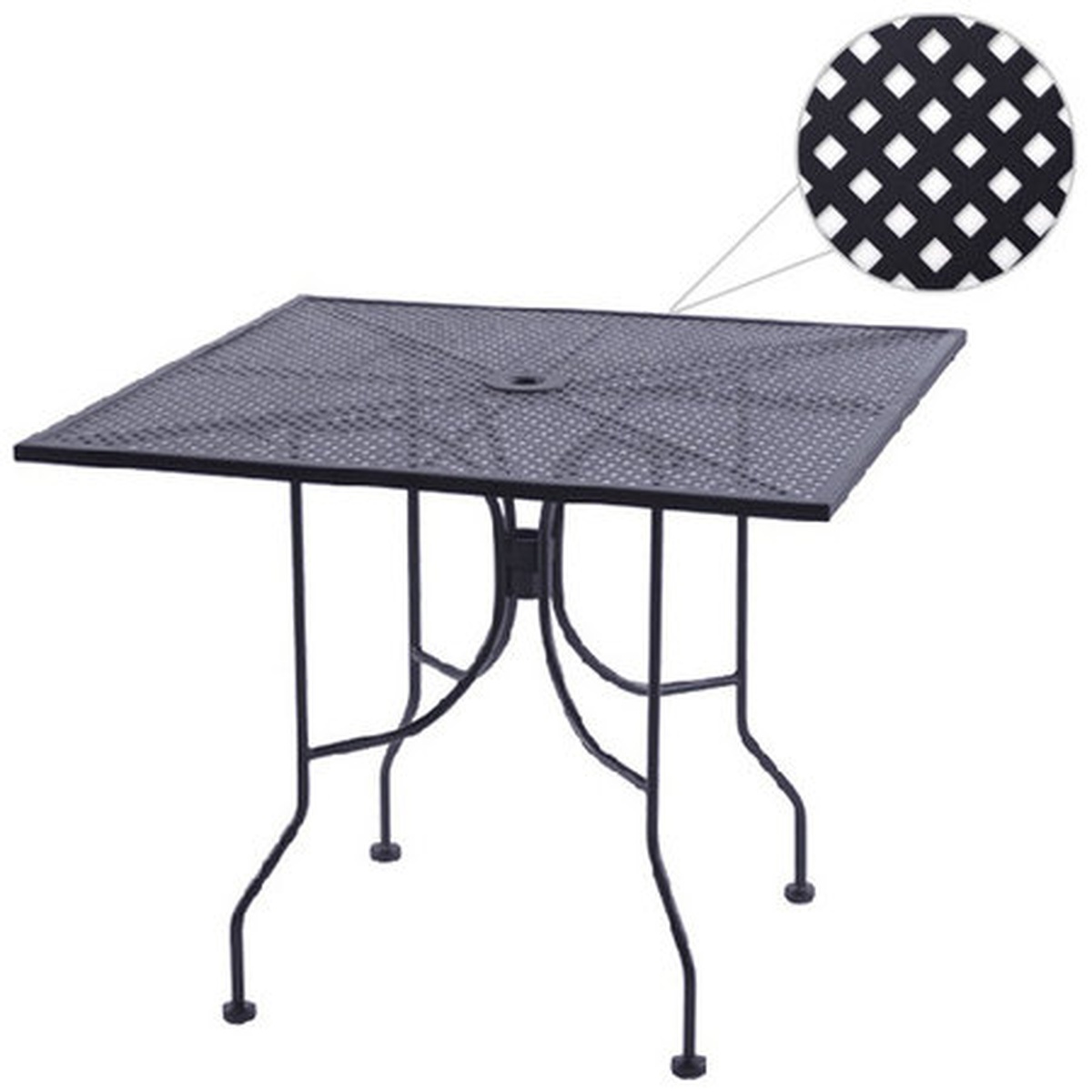 Oak Street OD3048-STD Diamondback 30x48 inch black steel mesh outdoor table with zoomed detail of punched mesh pattern