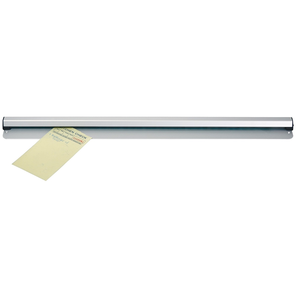 Winco ODR-24N 24-inch aluminum order rack with a kitchen check ticket inserted into the ball-bearing slot