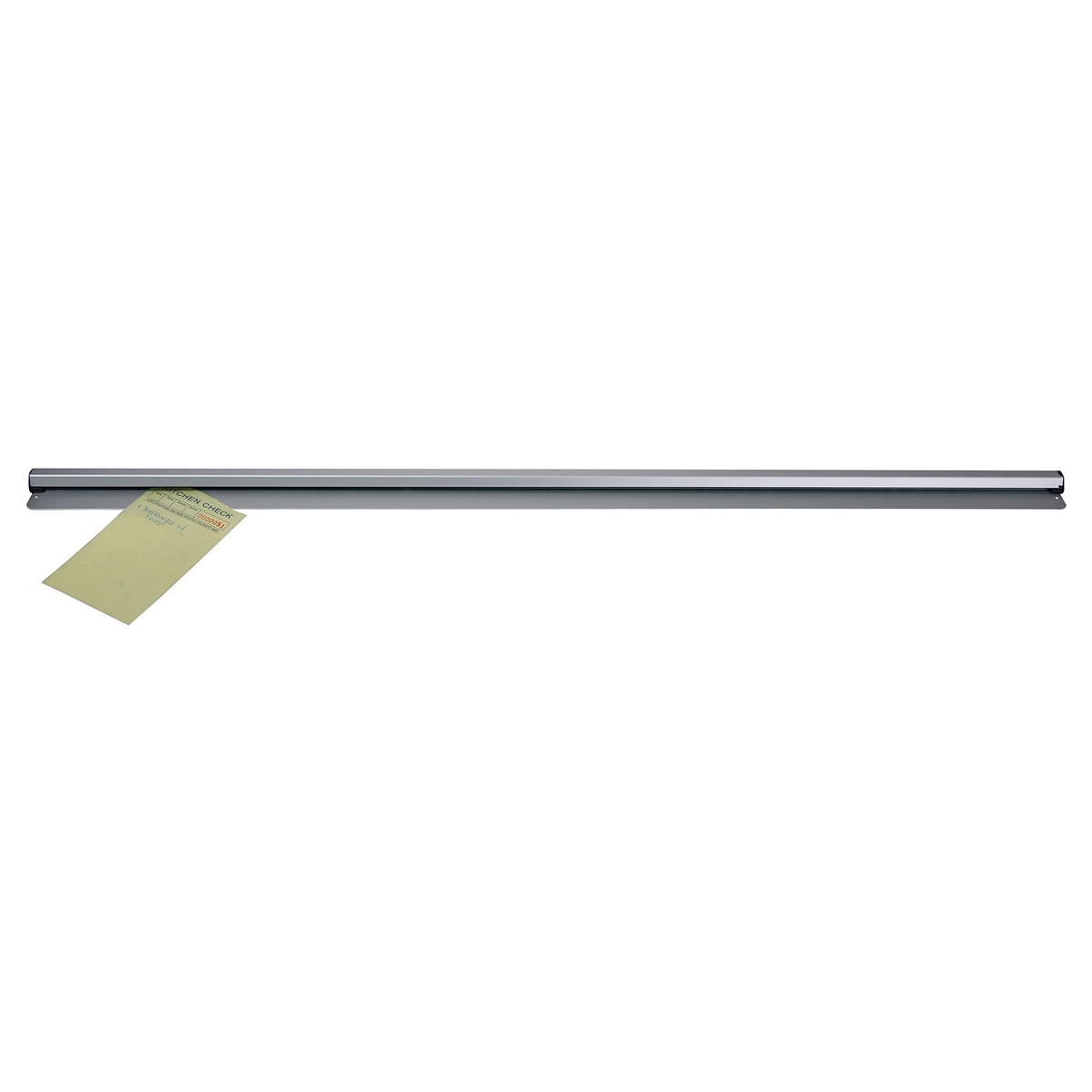 Winco ODR-48N 48-inch silver aluminum order rack with a kitchen check ticket clipped to the left end