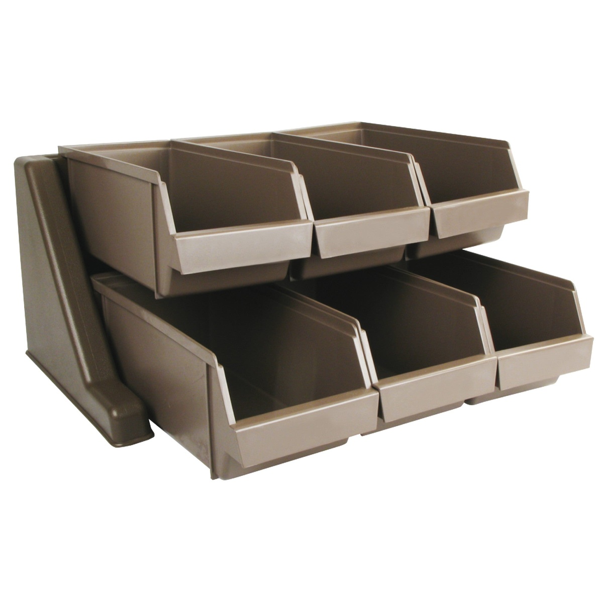 Winco OGZ-6 brown polycarbonate cutlery organizer set with two-tier rack holding six open-front bins