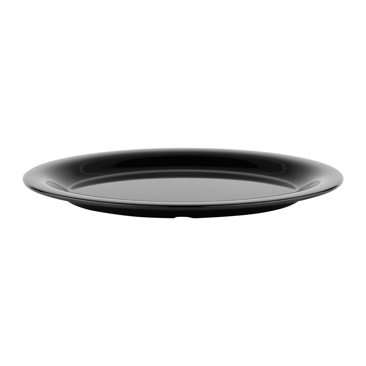 GET Enterprises OP-120-BK black oval melamine platter side profile view showing low-profile rim and depth