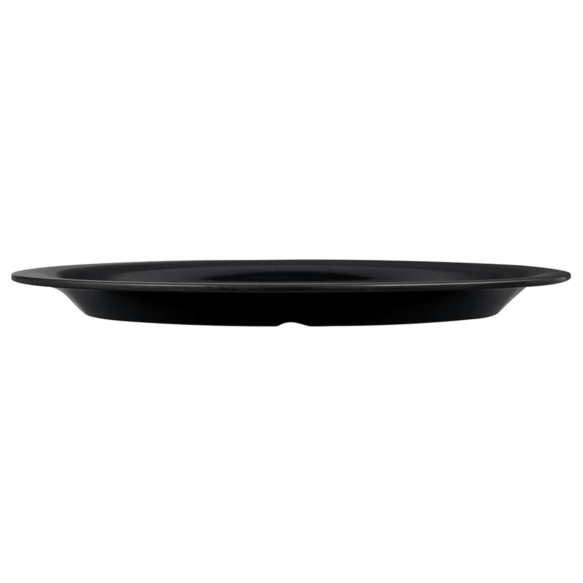 GET OP-120-BK black melamine oval platter shown from the side, illustrating the low-profile depth and flat base