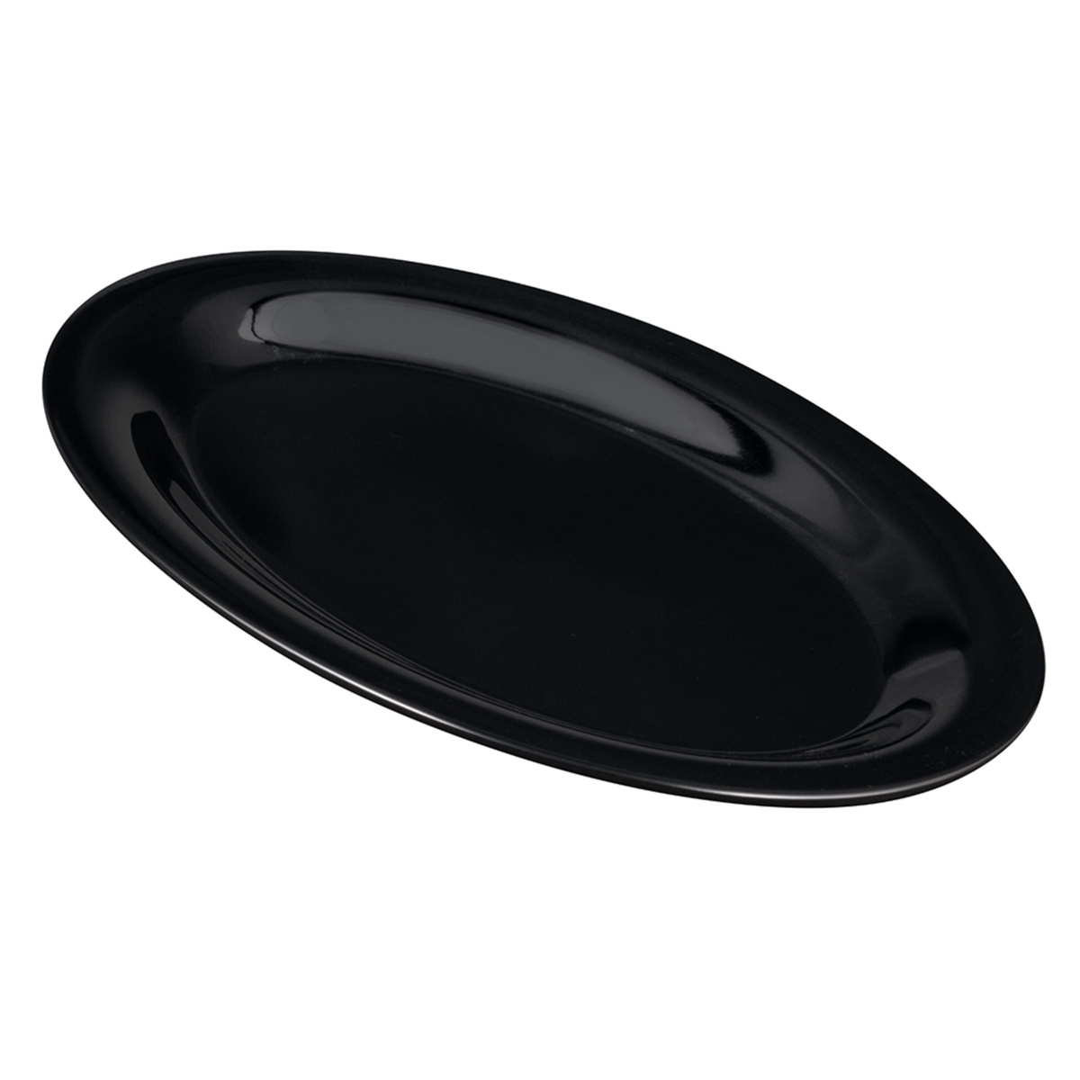 GET OP-120-BK black oval melamine platter viewed from a low angled perspective highlighting the shallow well and glossy finish