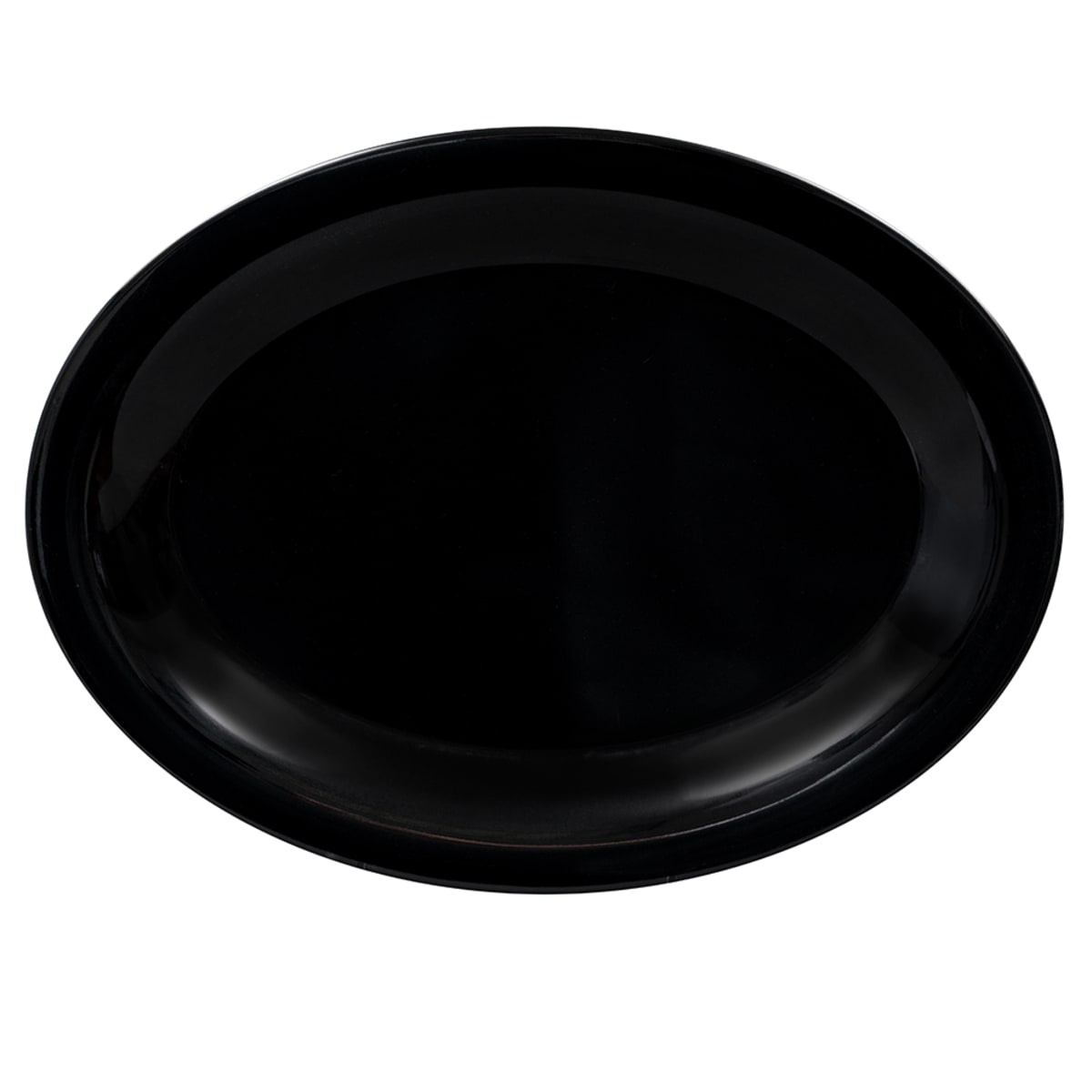GET OP-120-BK black oval melamine platter viewed from directly above, showing narrow rim and undecorated surface