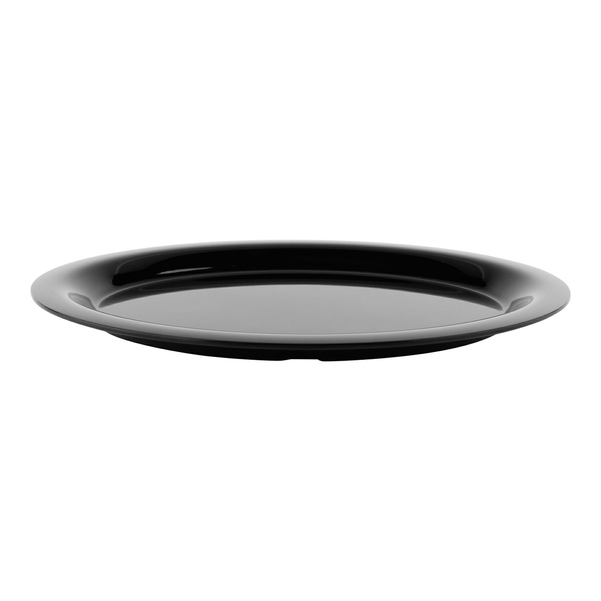 GET OP-135-BK black oval melamine platter side profile view showing low-profile thickness