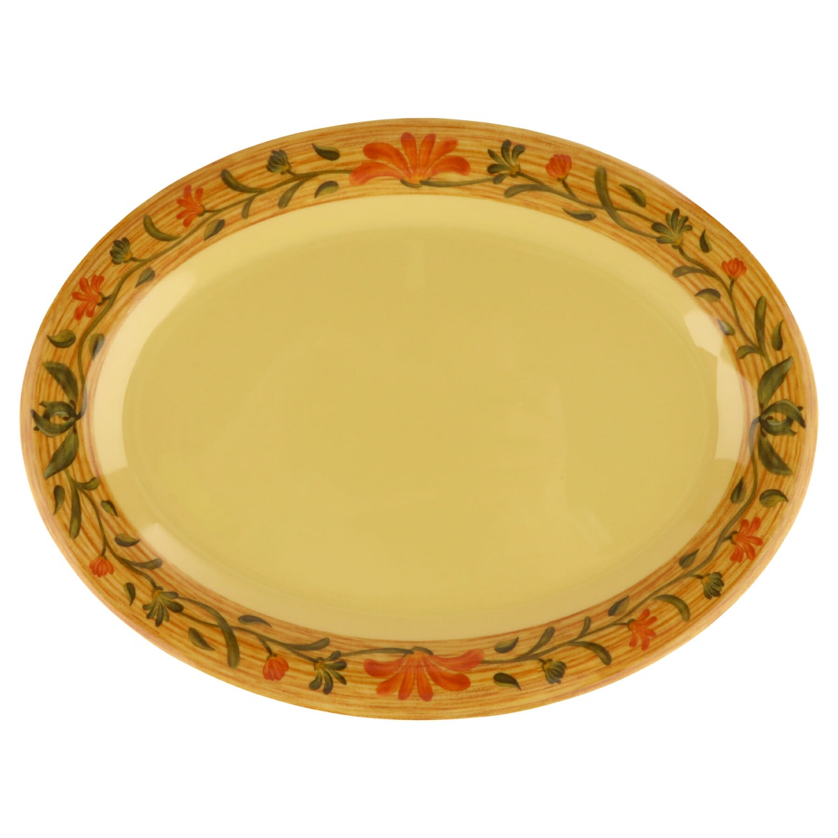 GET OP-145-VN oval melamine platter top-down view showing yellow body and floral brushstroke rim