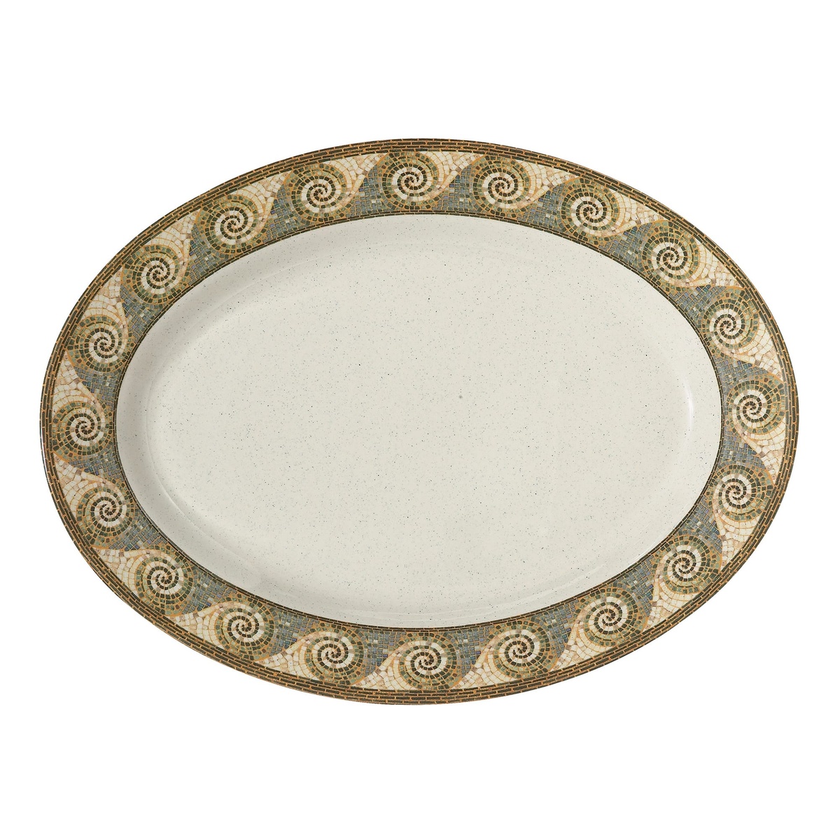 G.E.T. Enterprises OP-618-MO Mosaic 18x13.5 inch oval melamine platter with swirled scrollwork border in earth tones on white background