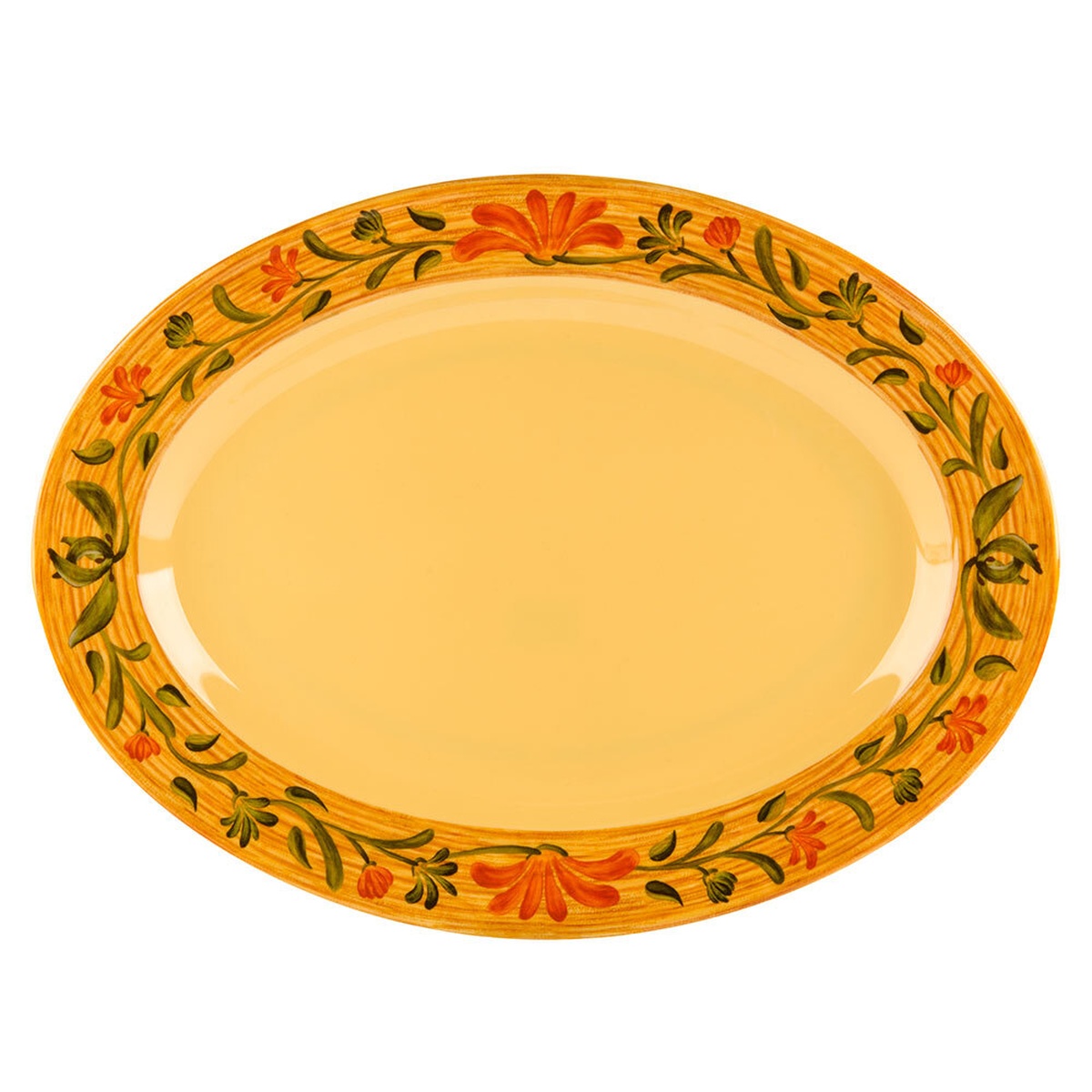 GET OP-621-VN Venetian oval melamine platter top view showing yellow body and floral orange border
