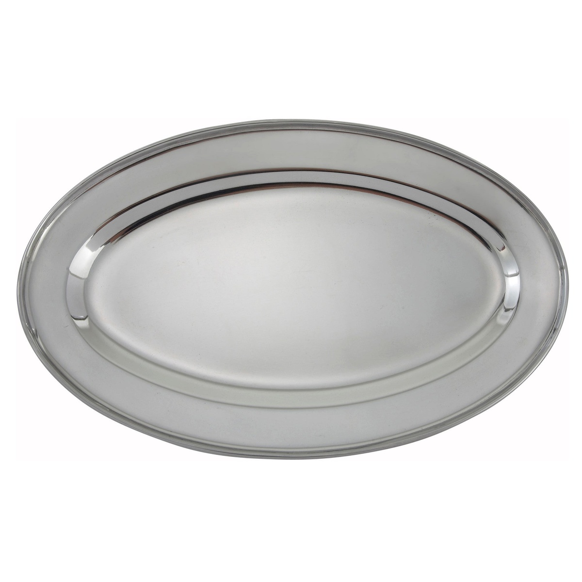 Winco OPL-12 oval stainless steel serving platter with polished finish and raised rim detail
