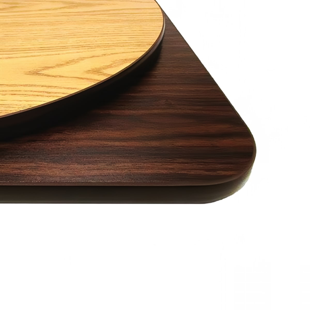 Oak Street OW2424 reversible melamine table top showing oak and walnut sides with rubber T-mold edge corner detail