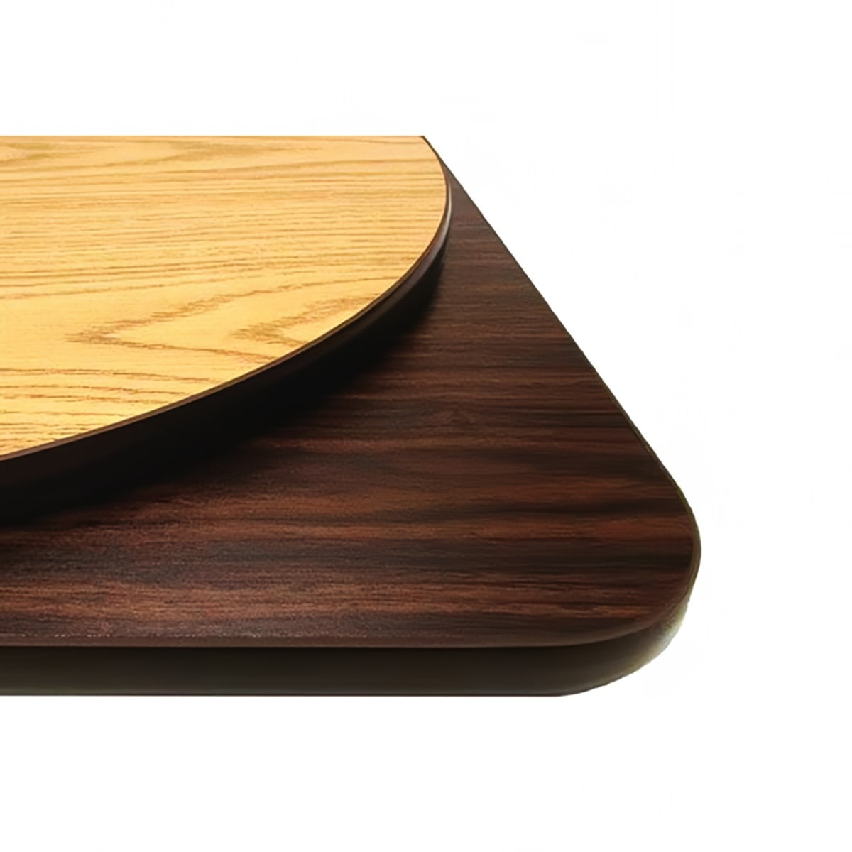 Oak Street OW2442 rectangular melamine table top showing both oak and walnut reversible finishes with rubber T-mold edge