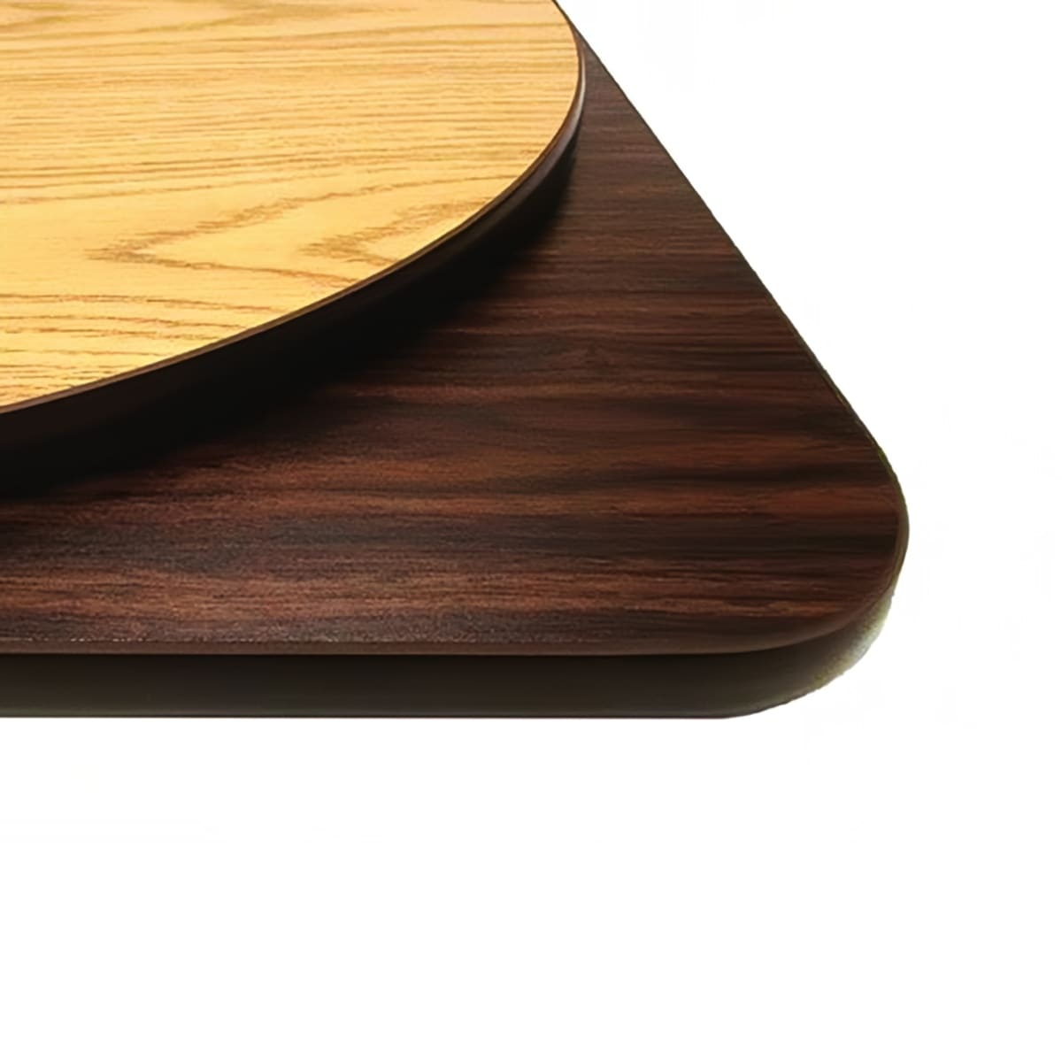Oak Street OW24R 24-inch round reversible melamine table top showing light oak finish on top and dark walnut finish on underside with brown T-mold edge