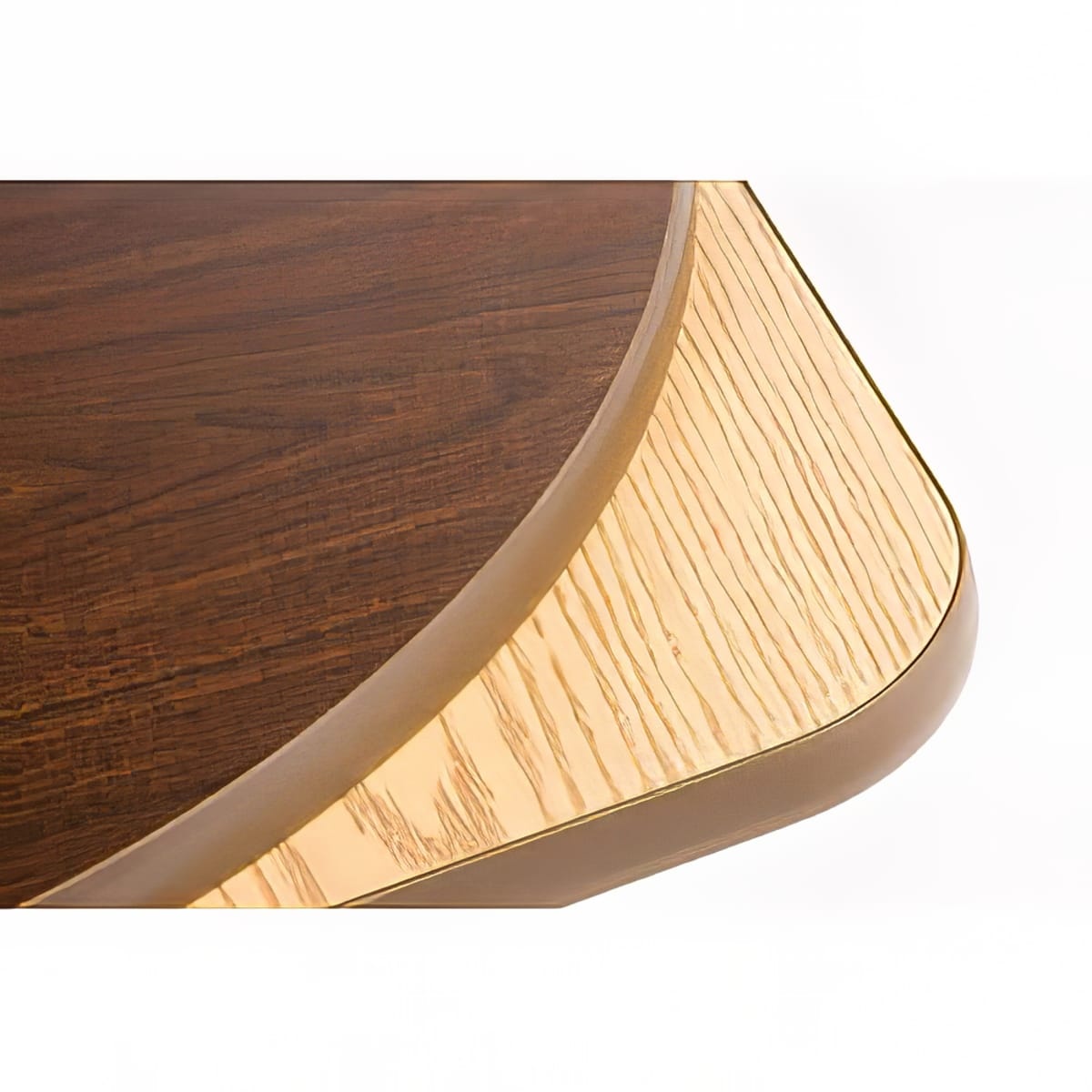 Close-up corner of Oak Street OW3030 reversible table top showing walnut finish on top and oak finish on underside with brown rubber T-mold edge