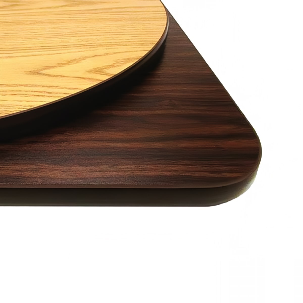 Oak Street OW30R 30-inch round reversible melamine table top showing light oak and dark walnut finishes side by side with brown rubber T-mold edge