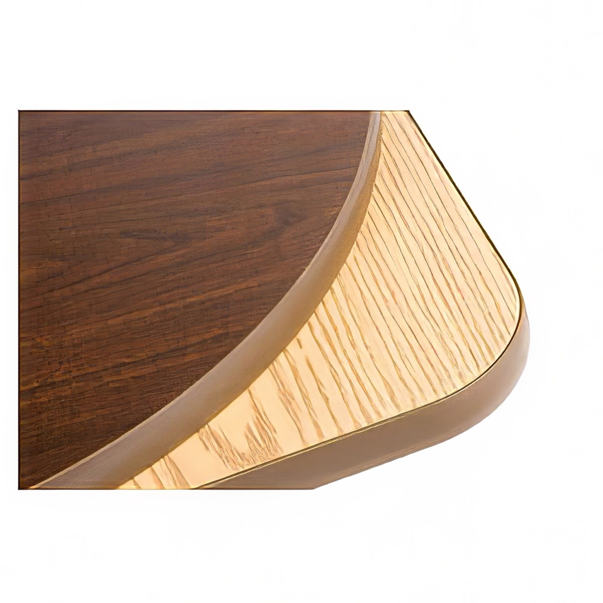Corner detail of Oak Street OW3636 reversible table top showing walnut finish on top surface, oak finish on underside, and brown rubber T-mold edge