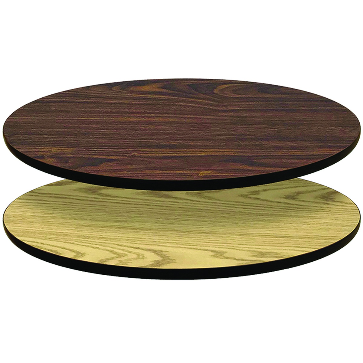 Oak Street OW36R round reversible table top showing walnut finish on top and oak finish on bottom