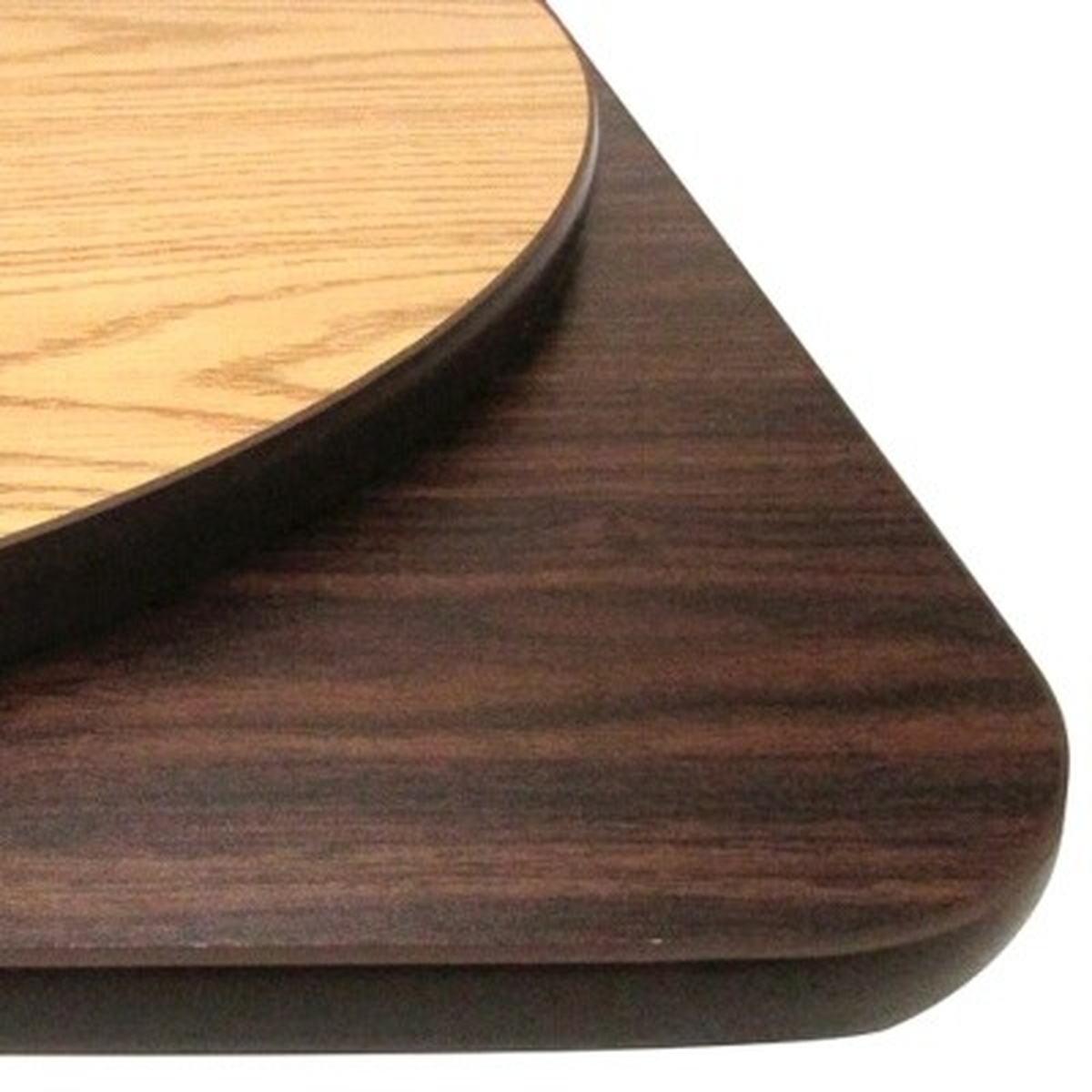 Oak Street OW42R reversible round table top showing oak finish on one side and walnut finish on the other with brown rubber T-mold edge