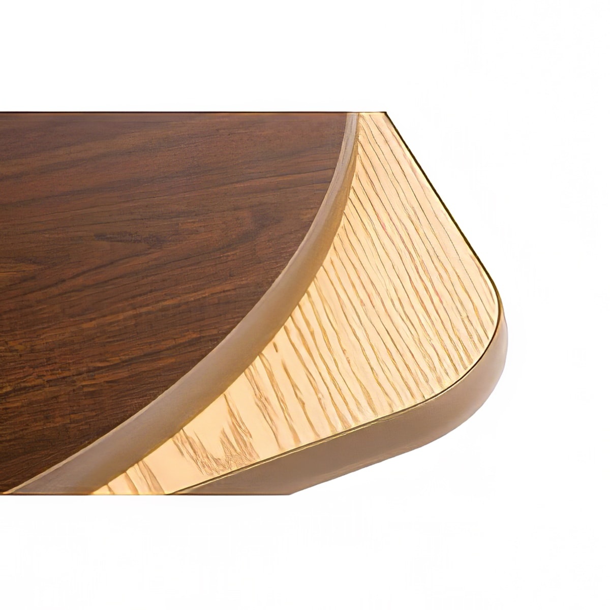 Close-up of Oak Street OW48R 48-inch round reversible table top showing walnut finish on top, oak finish on underside, and rubber T-mold edge