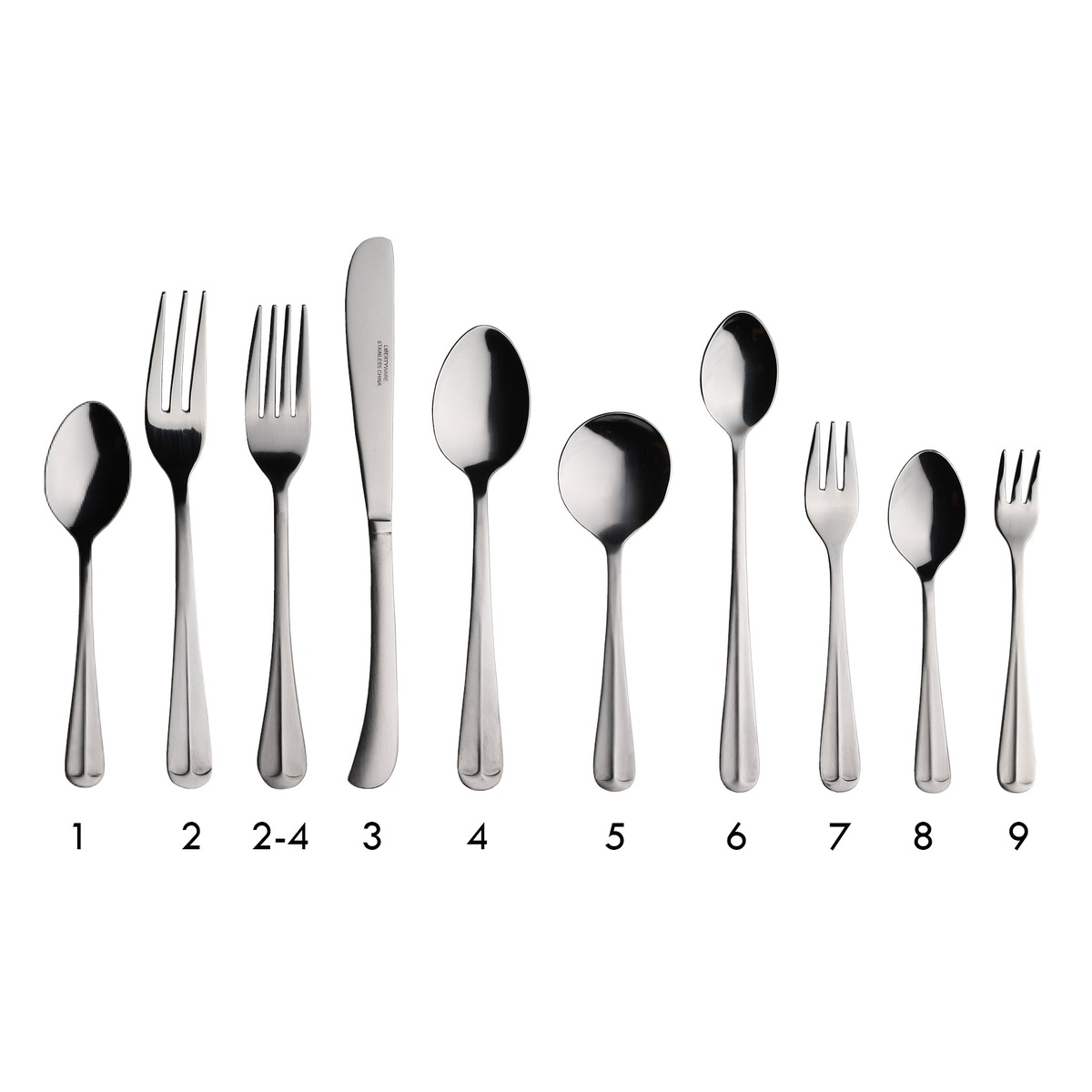 Libertyware Olde Oxford flatware collection lineup showing full range of pieces including forks, knives, and spoons