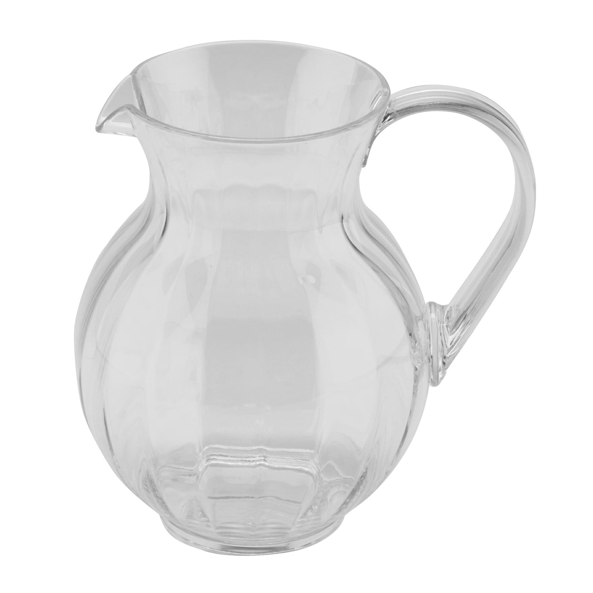 GET Enterprises Tahiti clear polycarbonate 90 oz pitcher, angled side view showing handle and pour spout