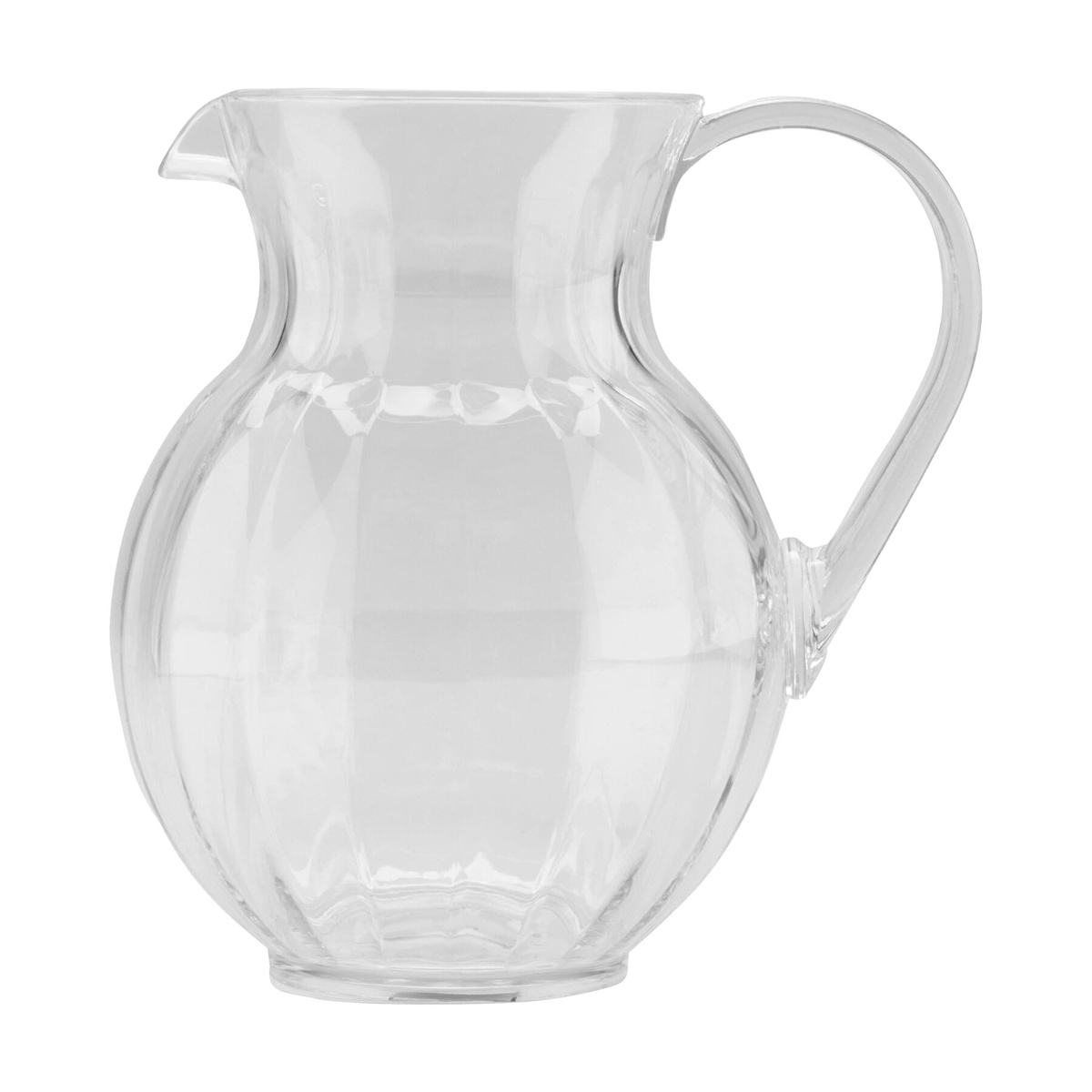 GET Enterprises Tahiti clear polycarbonate pitcher, straight-on front view showing round body and angled spout