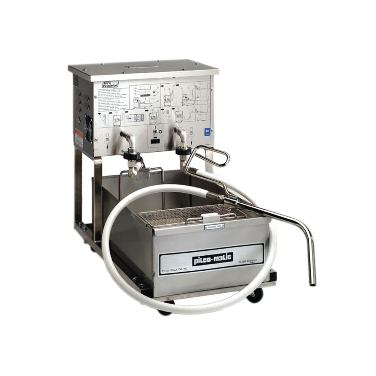 Pitco P14 portable fryer filter machine with return hose, nozzle, and filter pan