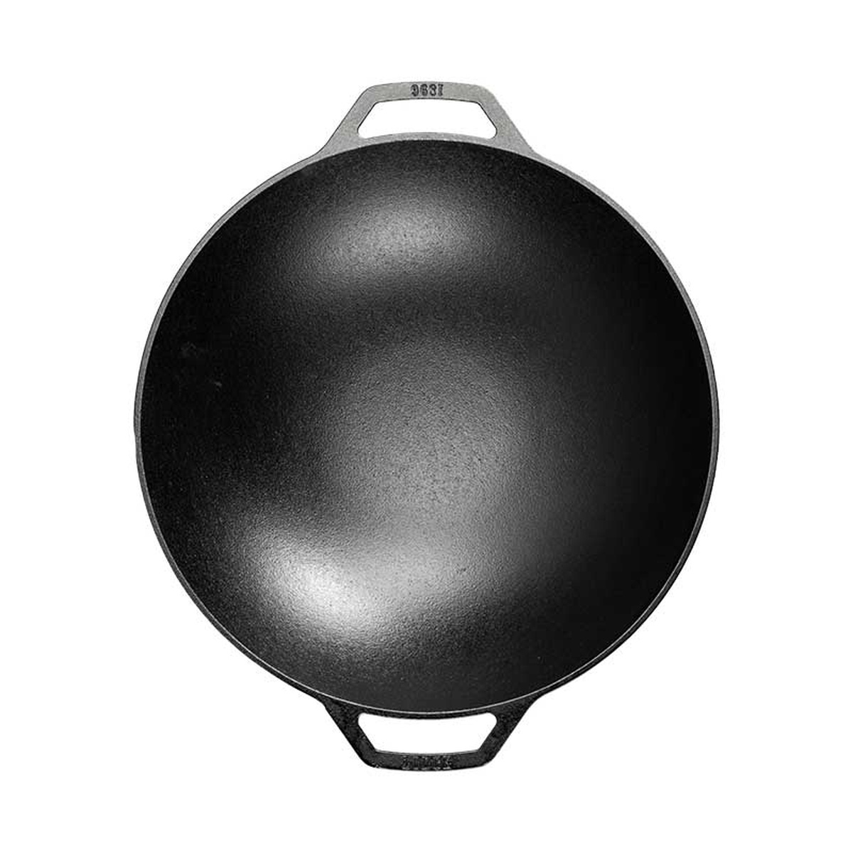 Lodge 14-inch seasoned cast iron wok top-down view showing wide cooking surface and dual loop handles