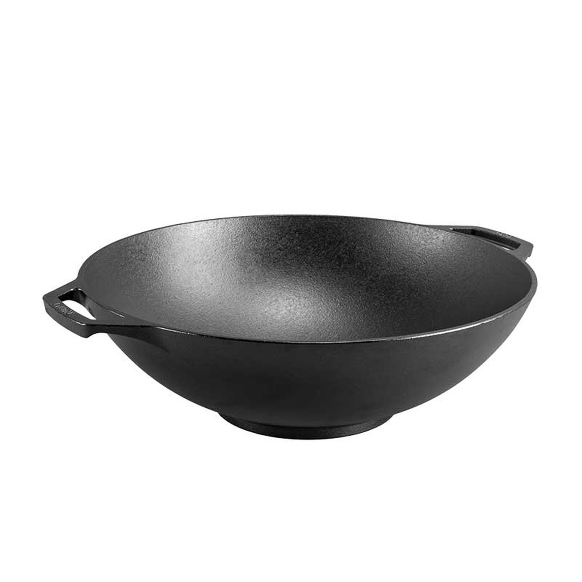 Lodge 14-inch seasoned cast iron wok side profile showing graduated sloped walls and dual handles