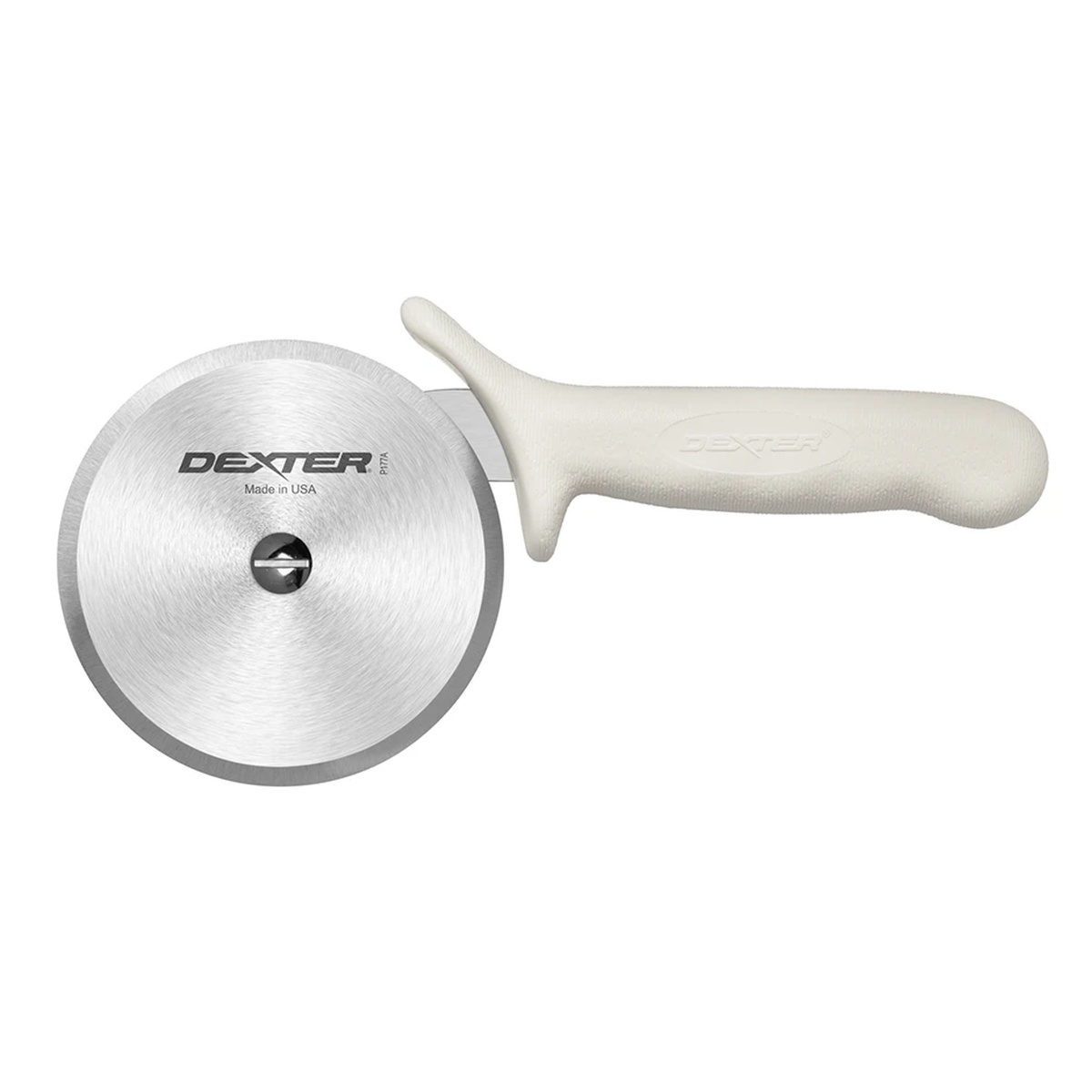 Dexter Russell P177A Sani-Safe 4-inch pizza cutter with white polypropylene handle and stainless steel wheel, shown on white background