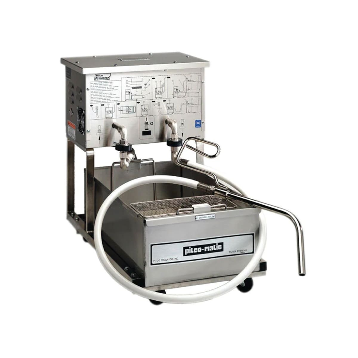 Pitco P18 portable fryer oil filter machine with hose, return wand, and filter pan