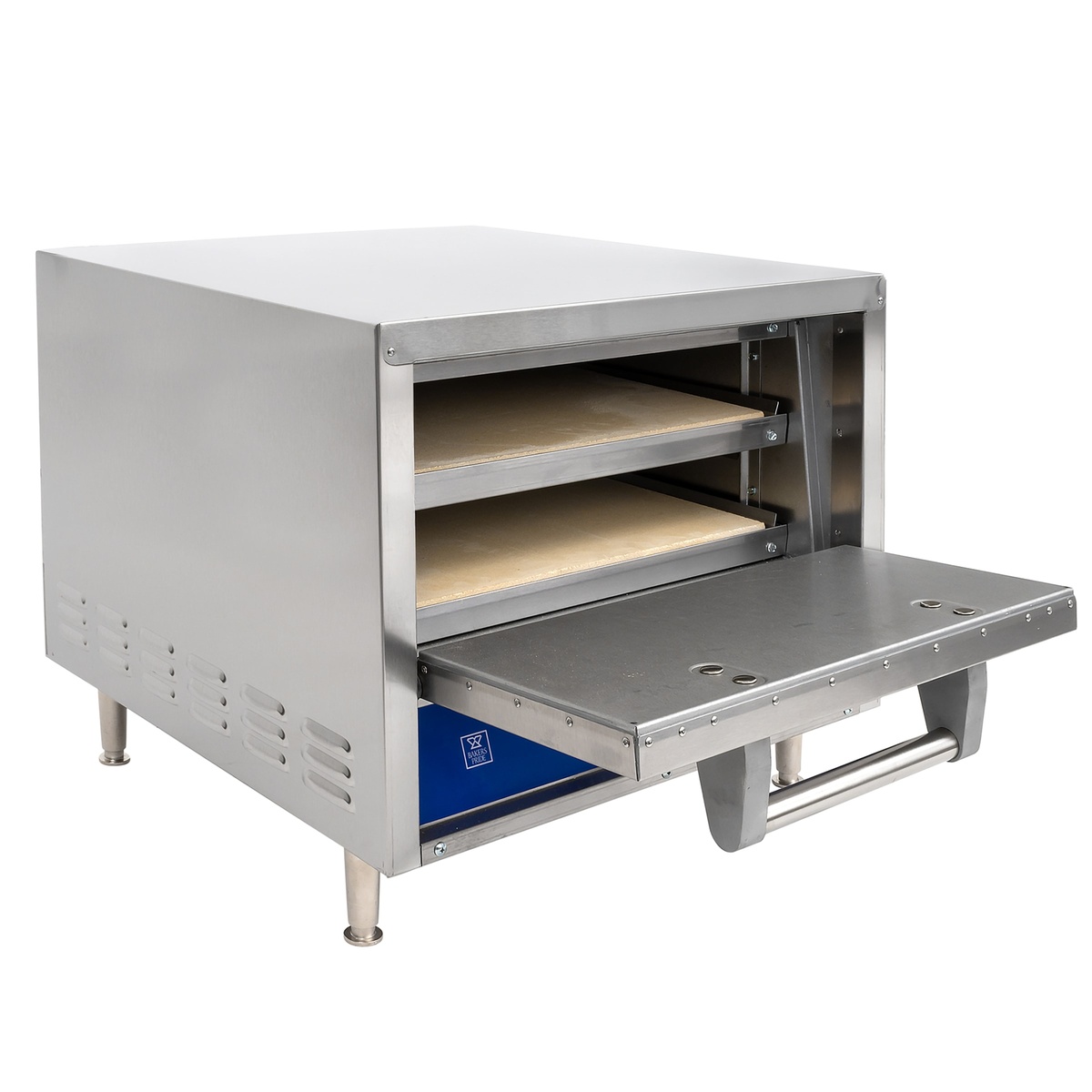 Angled view of open Bakers Pride P18S countertop oven with dual decks