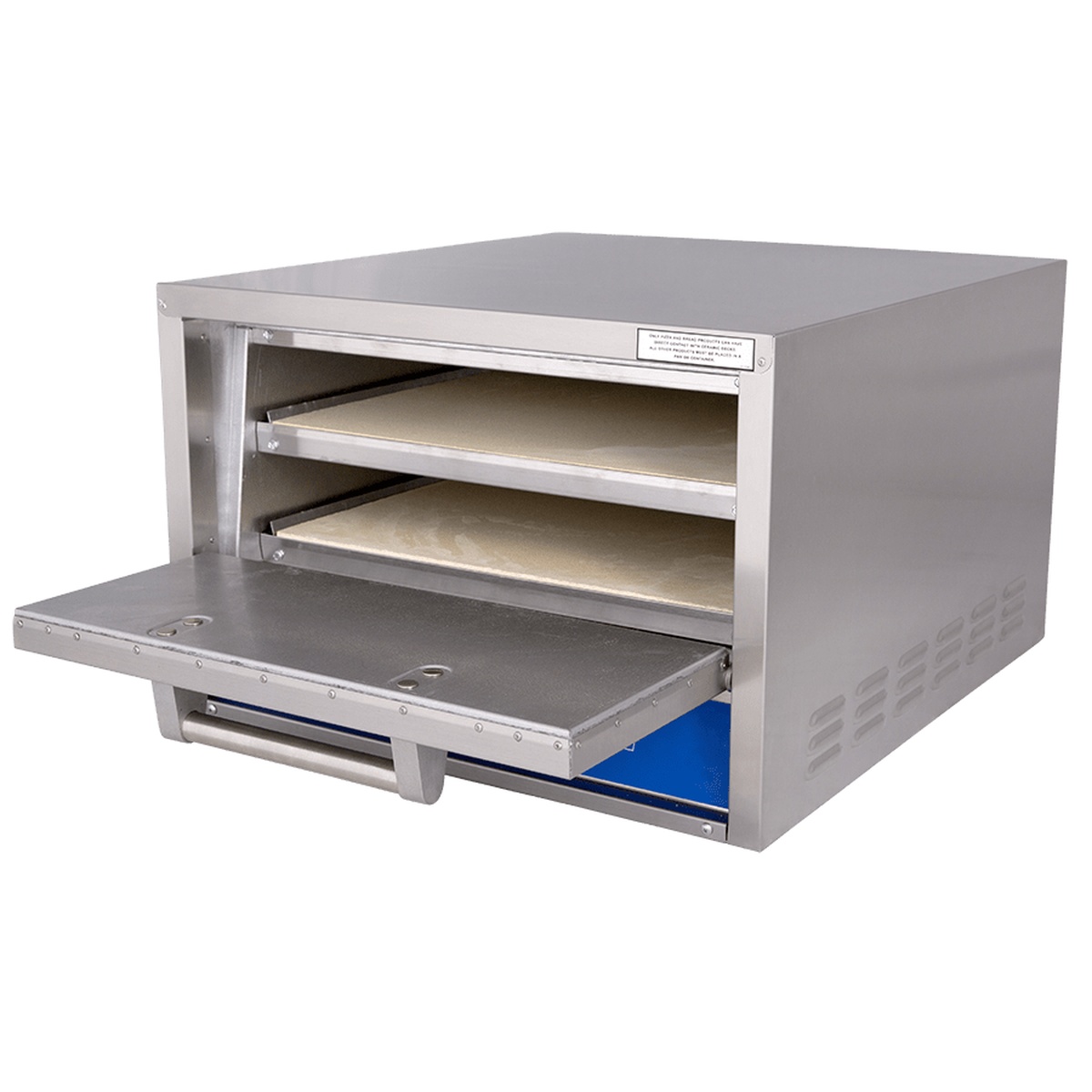Open Bakers Pride P22S oven showing two Cordierite hearth decks inside the baking chamber