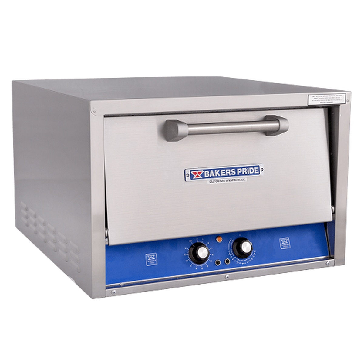 Front view of Bakers Pride P22S countertop electric pizza oven with drop-down door and control knobs