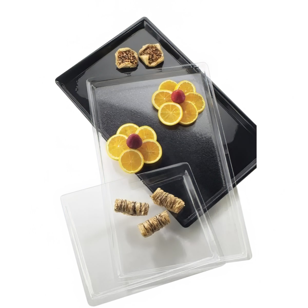 Cal-Mil P235-12 clear acrylic rectangular display tray shown alongside black display trays with food items on white background