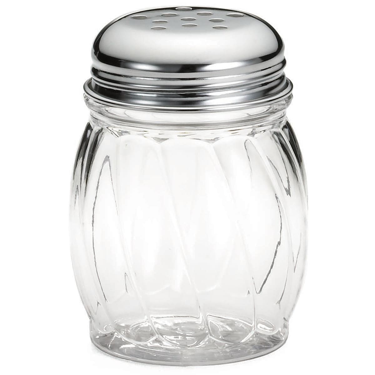 Tablecraft P260 6 oz swirl cheese shaker with chrome-plated perforated top, assembled view